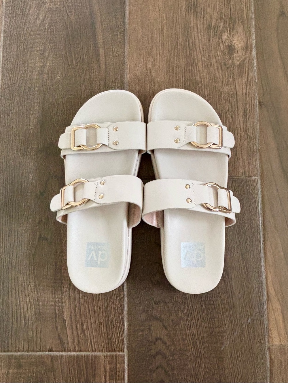 Dolce Vita | Cream Slide Sandals with Gold Buckles